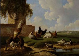Poultry by a ruin, a country house in the distance