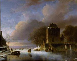 Skaters on a frozen river with a koek en zopie by a mansion