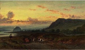 A drover with his cattle by the clyde, dumbarton rock beyond
