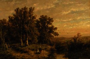 A wooded summer landscape with a peasant couple by a stream