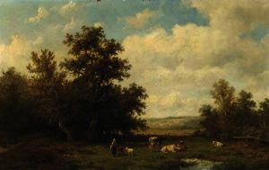 Figures and cattle in a sunlit meadow