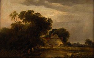 Figures before a cottage in a wooded river landscape