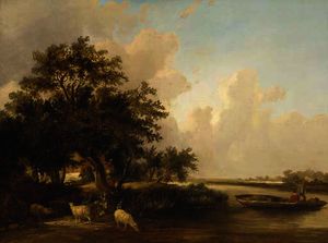 Figures in a punt with sheep watering in a wooded landscape
