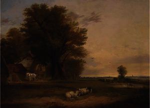 Sheep and cattle in a summer landscape