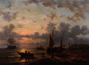 A french coastal scene with fishermen working at dusk