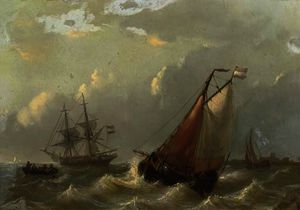 Dutch vessels on choppy waters by a coast