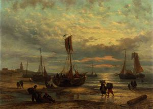 Fishing vessels on the beach at sunset, scheveningen