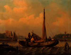 Sailors in moored barges on a river estuary
