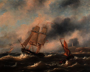 A dutch trading schooner in a storm