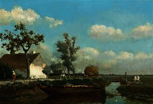 A polder landscape with a figure on a barge