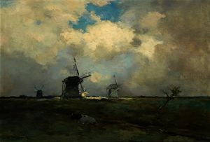 Windmills in a polder landscape