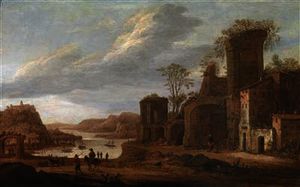 A river landscape with travellers before a ruin