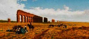 Grain harvest in the ancient aqueduct on the roman countryside