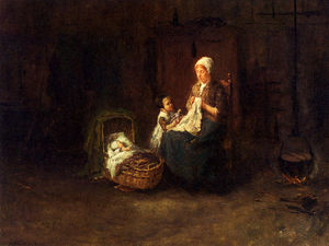 Una madre y sus hijos en un interior