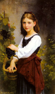 A young girl holding a basket of grapes