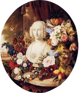 A still life with assorted flowers fruit and a marble bust of a woman