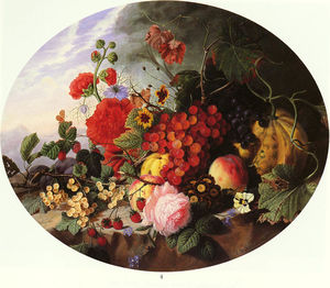 Still life with fruit and flowers on a rocky ledge