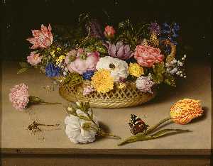Naturaleza muerta con flores en una cesta ( 1614 ) ( 28x38 centímetro ) ( de los ángeles , Pablo Getty Museo )