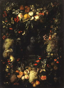 Bust of the Madonna in a garland of fruit (1660s) (116 x 85) (St. Petersburg, Hermitage)