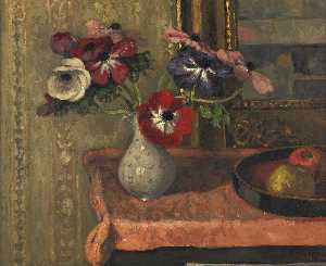 Still Life - Vase of Flowers and Fruits on the Table, (1910)