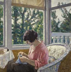 Young woman sewing, (1913)