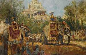 Maharaja y sus Elefantes en la procesión en el Festival de Dussehra a Mysore