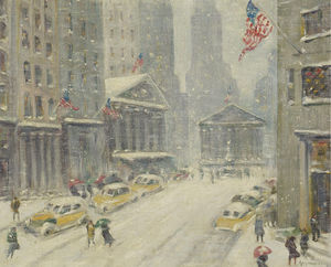 Eine Ansicht der Broad Street, der New York Stock Exchange und die Treasury-Gebäude in der Entfernung