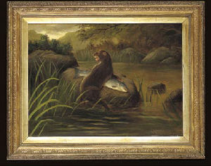 Ein Otter mit einem Lachs am Ufer eines Flusses