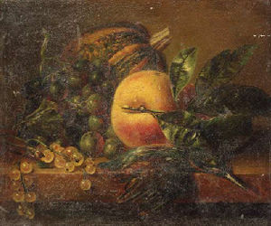 A still life with fruit and a kingfisher on a ledge