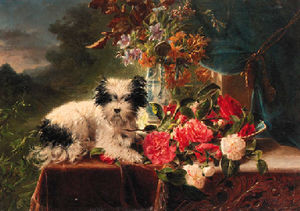 Camellias and a terrier on a console