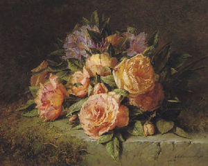 Pink roses and rhododendrons on a marble ledge