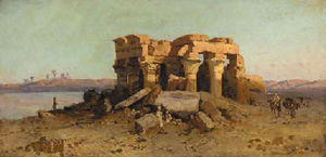 Caravan nearing a desert ruin