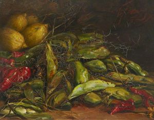 Still life, beans and red pepper pods