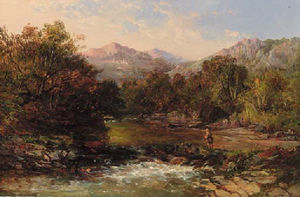 An angler in a wooded river landscape