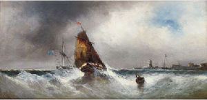 Shipping in squally conditions off a harbour mouth
