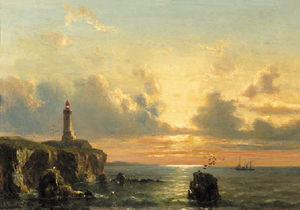A coastal landscape with a lighthouse at sunset