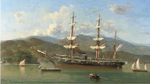 A dutch naval barque anchored off a foreign coast