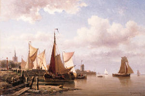 A river estuary with moored fishing pinks and townsfolk on the quay
