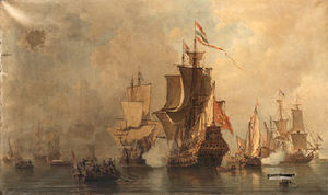 An amsterdam man-of-war firing a salute across the bows of a ferry bringing dignatories