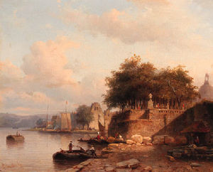 Numerous townsfolk on a quay of a town along the rhine
