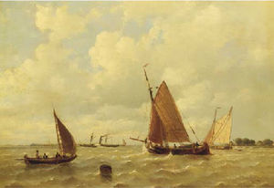 Sailing vessels and a steamship by a coast