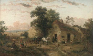 A hay cart and figures outside a farm; and at the village pump
