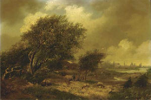 A wooded landscape with a city beyond
