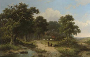 Peasants resting by a stream at the edge of a forest