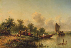 Una situación fisherfamily por un río en un día soleado