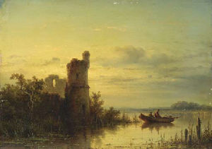 A fishing boat near the ruins of a castle at dusk