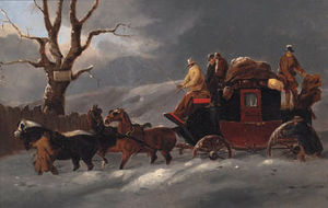 A coach and four in a winter landscape; and a coach and four resting outside a tavern