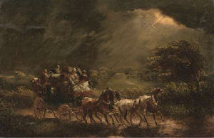 A stage coach and four on a stormy night, a country house beyond
