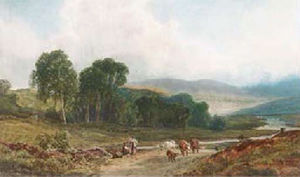 Un ganadero y el ganado en un paisaje escocés