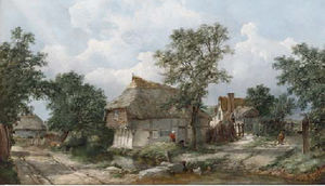 Figures before a cottage,